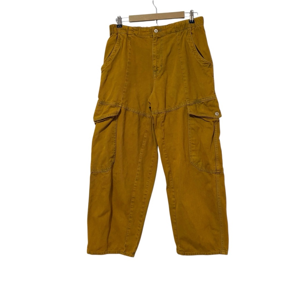 We The Free Mustard Yellow Cargo Jeans Size Large Boho Utility Relaxed Baggy